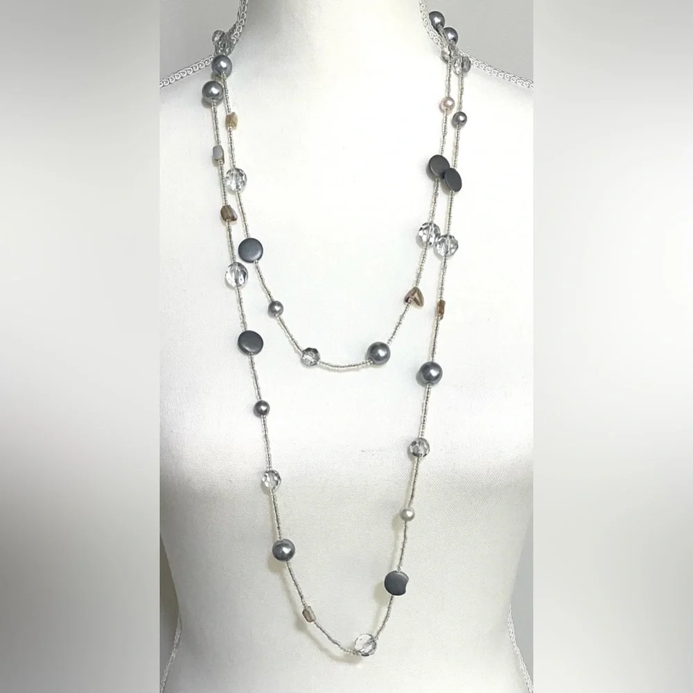 Long Wrap Crystal Clear Gray Pearl Beaded Necklace Boho Eclectic Feminine